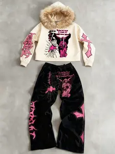 TikTok Viral "Do You Believe In Angels" Pink Gothic Graphic Geometric Fur-Trimmed Tracksuit Soft Cotton Cozy Home Loungewear Streetwear Oversized Trendy Edgy Y2K Gothic Aesthetic Daily Wear Comfortable Must-Have Outfit on TikTok