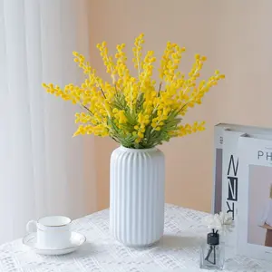 8pcs of Artificial Yellow Acacia Flowers, Realistic Yellow Acacia Blooms, 3-Head Mimosa Faux Flowers, Yellow Plastic Faux Plush Stick Flowers, Artistic Decorative Style, Suitable for Home Decor, Table Centerpieces, Festive Parties, Weddings