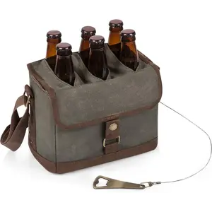 PICNIC TIME Beer Caddy with Beer Bottle Opener, 6-Pack Drink Caddy, Beer Cooler Tote, Beer Gifts for Men, (Khaki Green with Brown Accents).