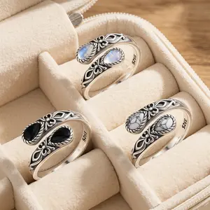 Authentic 925 Sterling Silver Adjustable Ring | Vintage Sunflower Spoon Ring for Women | Moonstone & Black Agate Statement Jewelry
