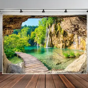 Extra Large Summervibes Serene Cave Forest Lake View Tapestry Decor, 1pc Multi-Size Polyester Backdrop Banner for Decorating & Anniversary, Premium HD Print, Wrinkle-Resistant, Hand-Sewn Edges, Free Hanging Clips, Suitable for Living Room,summervibes