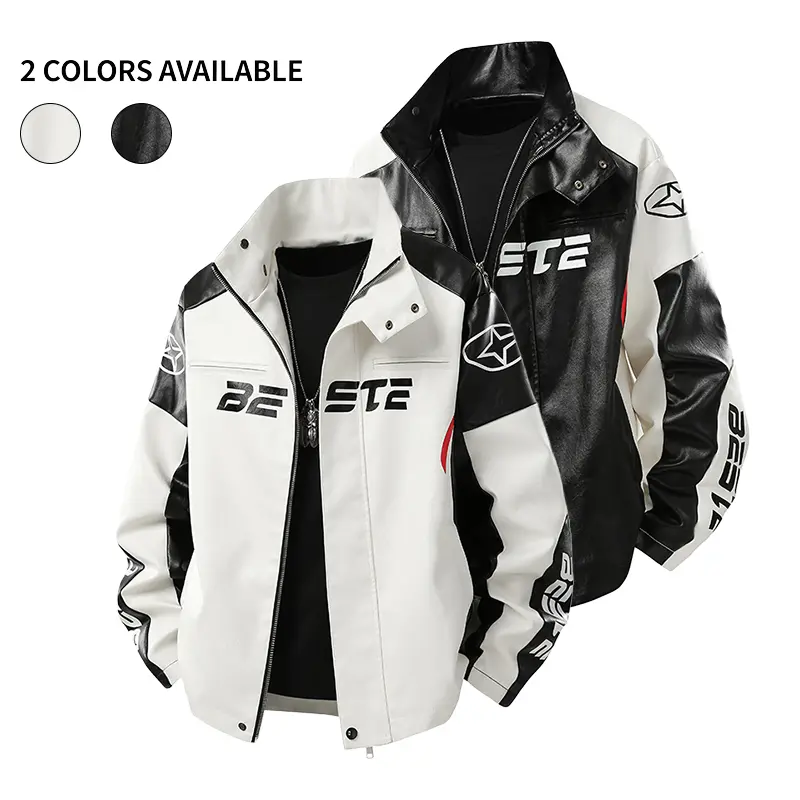 Men’s color-block faux leather motorcycle jacket, racing- letter print stand collar zip-up outerwear, casual street biker jacket autumn fashionable style