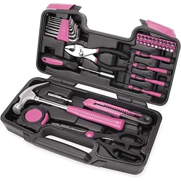 39 Piece All Purpose Basic Household Pink Tool Kit for Women - Small Tool Set with Toolbox Great for Home, Garage, Office and College Dormitory Use