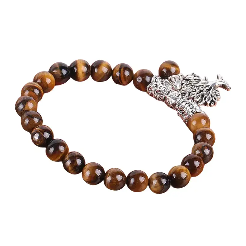 Men’s Brown Beaded Bracelet with Wolf Head Charm, Vintage Round Bead Stretch Bracelet, Stylish Jewelry for Everyday Wear