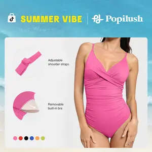 Popilush Ruched V-Neck Shapewear One-Piece Swimsuit Tummy Control Slimming Long Torso Bathing Suit