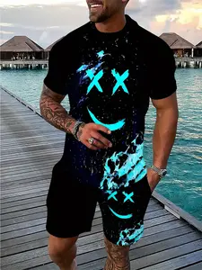 Men's 3D fashionable and fun graphic print casual everyday set, a two-piece set including a summer sporty crewneck short-sleeved top and drawstring shorts, suitable for outdoor and street wear Menswear