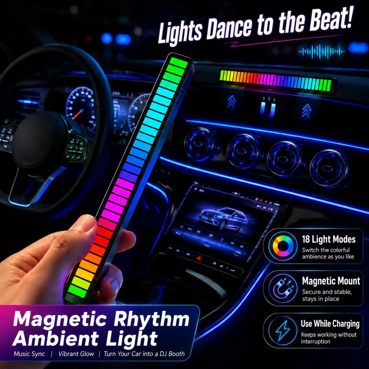 3D Colorful Sound Reactive Light – Car & Desktop Music Rhythm Lamp, Audio-Controlled Color Changing Beat Light with Low Latency Dynamic Music Sync