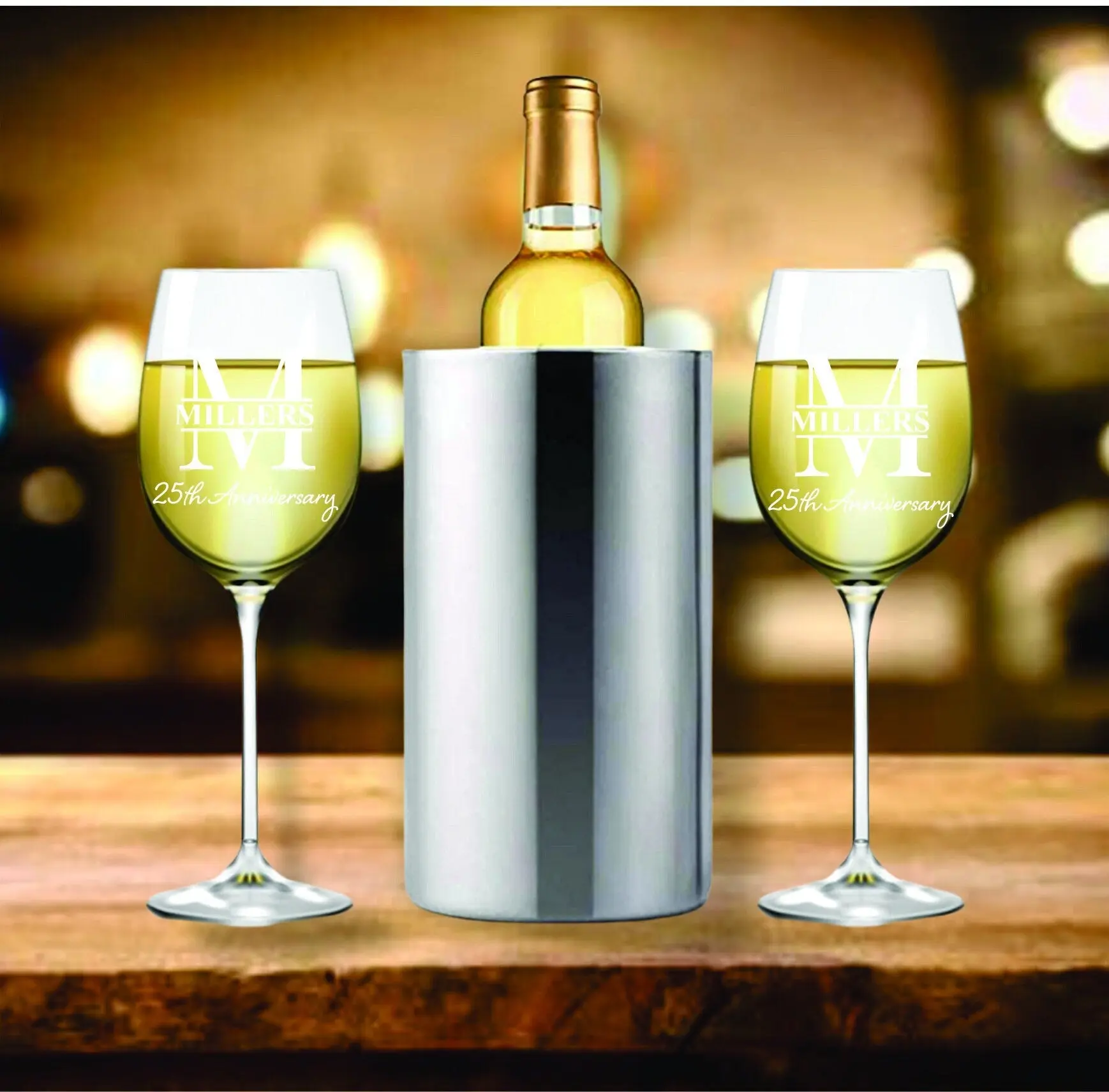 Custom 25th Anniversary Gift for Couples, 25 Years Wine Cooler Set, Personalized Wine Glasses Gift, Wine Glass Gift For Mom and Dad