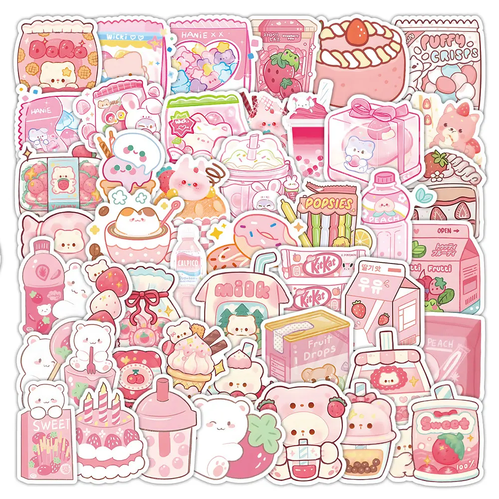 63 Pcs Cartoon Pink Snack Stickers - Cute Food-Themed Decals for Notebook, Luggage & DIY Decoration