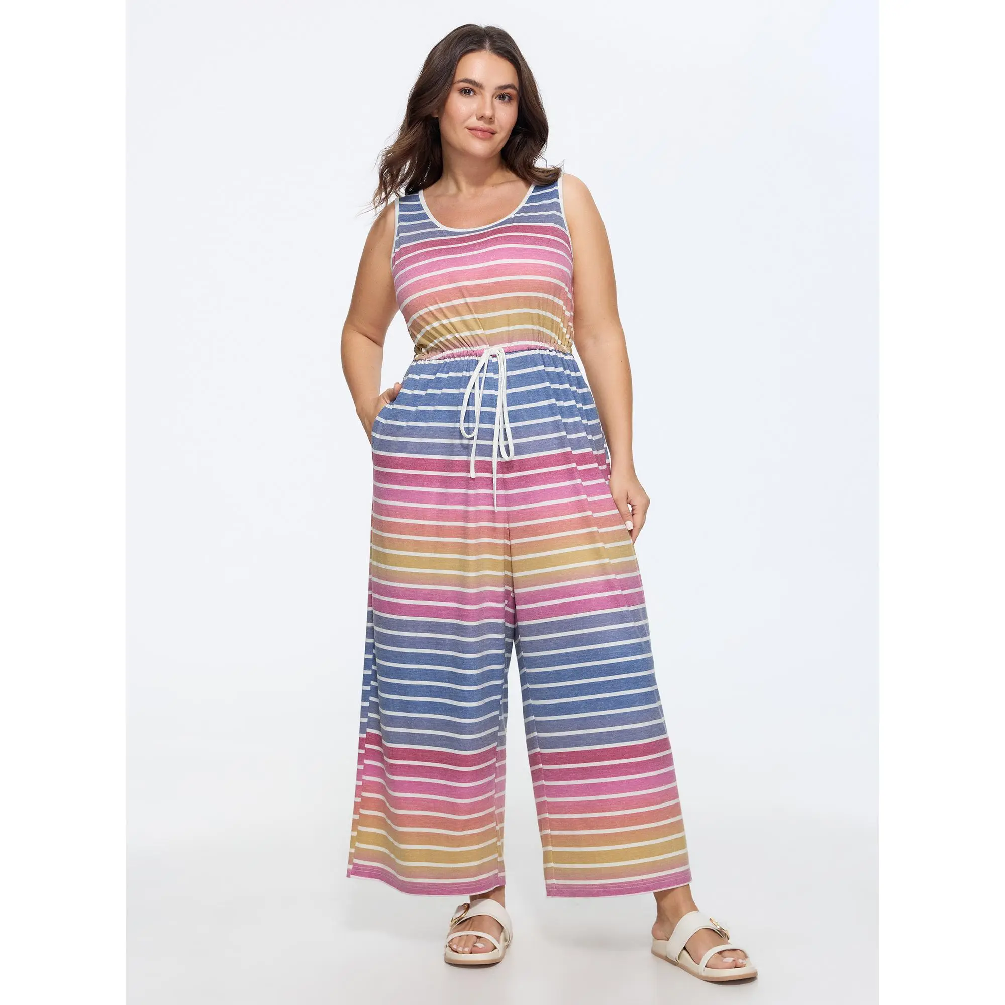 BLOOMCHIC Plus Size Stretchy Gradient Stripe Print Sleeveless Wide Leg Jumpsuit[M-6X] 2026 Summerfinds