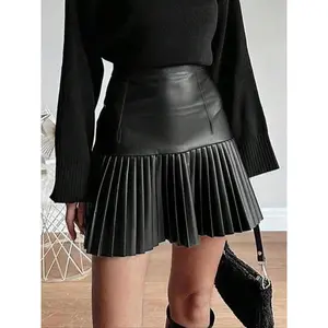 Women's high waisted pleated skirt, black leather pleated skirt mini skirt, cool and fashionable. Multi functional and slimming, suitable for night outings or casual gatherings.RAIMENTRY