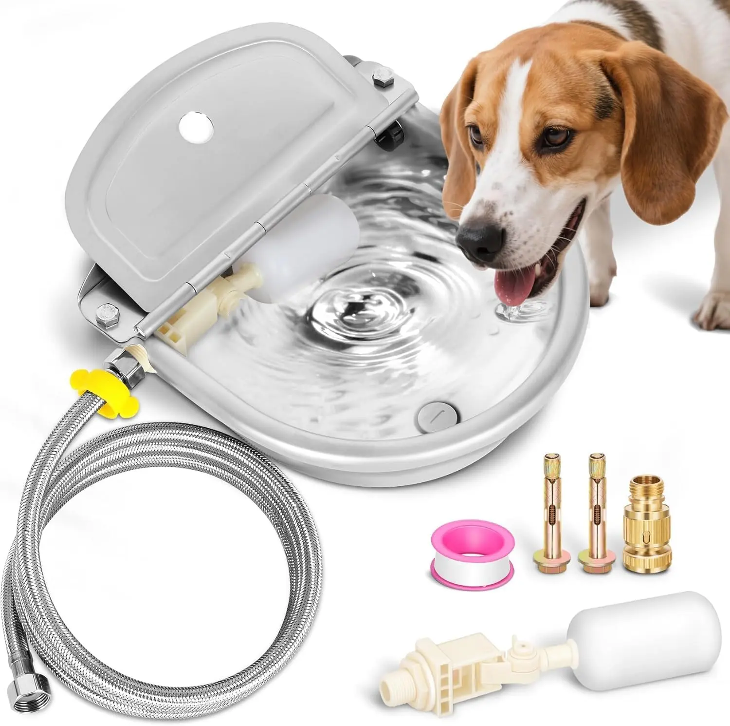 Automatic Animal Drinking Water Bowl with Float Valve, Extended Pipe & Drain Hole,3L Stainless Steel Waterer Feeder Farm Dog Dispenser Kit Self Filling for Livestock Horse Goat Water Trough