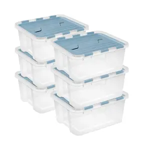 Sterilite 20 Qt Hinged Lid Storage Box, Plastic Container, Washed Blue, 6 Pack