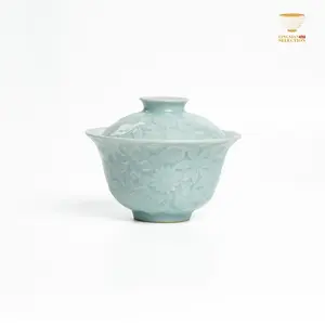 Xu Yangui · Azure Cloud Powder Celadon · Blossoms Gaiwan & Plate｜ Handcrafted Porcelain Teaware · Elegant Oriental Art Collection