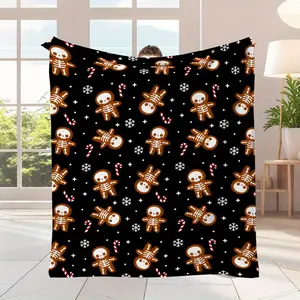 1pc Skull Gingerbread People & Snowflake Print Flannel Blanket - Soft Warm Quilted Throw for Christmas Gifts, Home Decor, Camping, Travel, Car & Office Use - Contemporary Style Mixed Colors, Gingerbread Christmas Decor, Holiday Home Decor