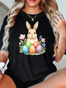 Easter Bunny T Shirt Black Rabbit And Colorful Eggs With Flowers Print