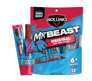 Jack Link’s x MrBeast Beef Sticks, Original Mini Beef Sticks, As Seen on Beast Games, 5g Protein, Made with 100% Real Beef, Pantry-Ready Snacks, 12 Count