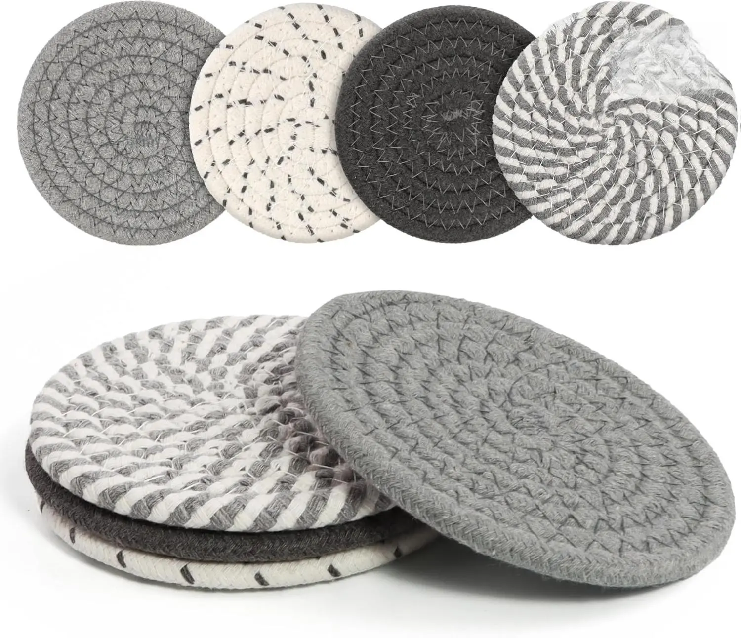 Boho Cotton Woven 4-Piece 4.3in Tableware Coasters Set (Grey) - Absorbent, Thick, Heat Resistant, Home Decor, Bar & Kitchen Table Top Accessories, Mother's Gift