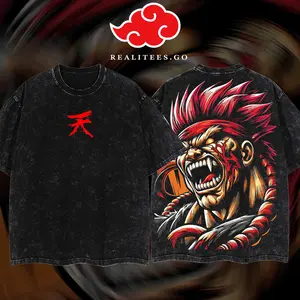 [realitees.go] Oversized Vintage Akuma Street Fighter Tee Acid Washed T-Shirt, Graphic Design Streetwear Game T-Shirt for Men Women S 5XL