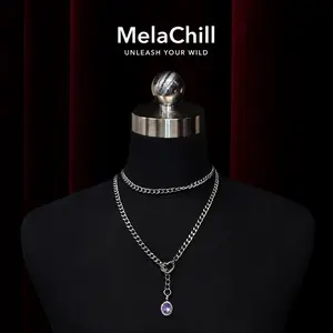 Silver Double Chain Purple Gem Lariat Choker Necklace | Minimal Layered Heart Connector Pendant Collar
