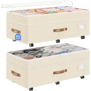 Under Bed Storage with Wheels 2Pack, 80L Height Adjustable Underbed Containers with Clear , Rolling Under Bed Shoe Storage Organizer for Dorm  Clothes, Blankets, Toys, Beige