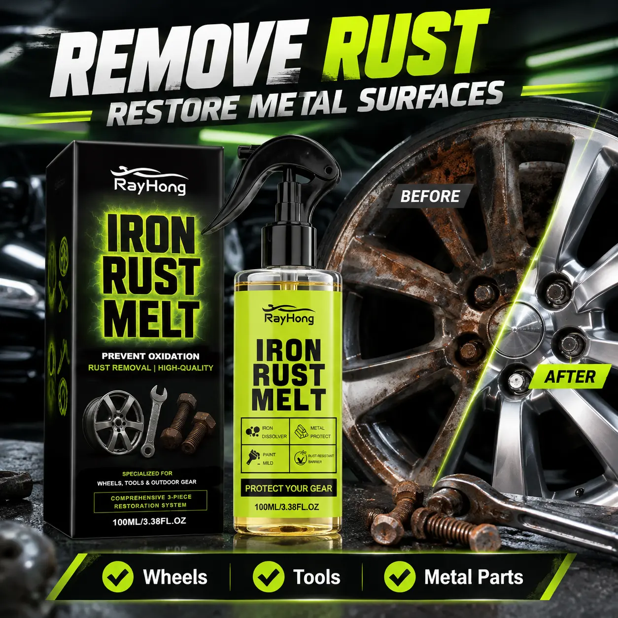 100ml Fast-Acting Iron & Rust Removal Spray Bottle, Gentle Action Metal Rust Dissolver for Wheels, Rims & Hardware Tools, Oxidation Preventer, Automotive & Household Metal Surface Restorer
