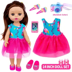 DEARBEI 14 inch brown long hair simulation doll set, including hair clip, camera, clothes, shoes, skirt, doll combination set, children's toys, suitable for dress up games, is an ideal birthday gift and party gift