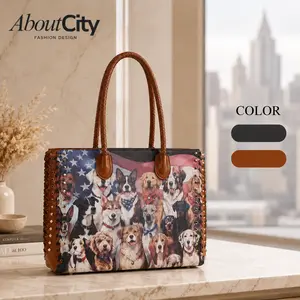 About City Women's Large Tote Bag with Matching Wallet, Cute Dog Print Studded Shoulder Bag, 2-Piece Satchel Handbag Set for Dog Moms, Work & Travel