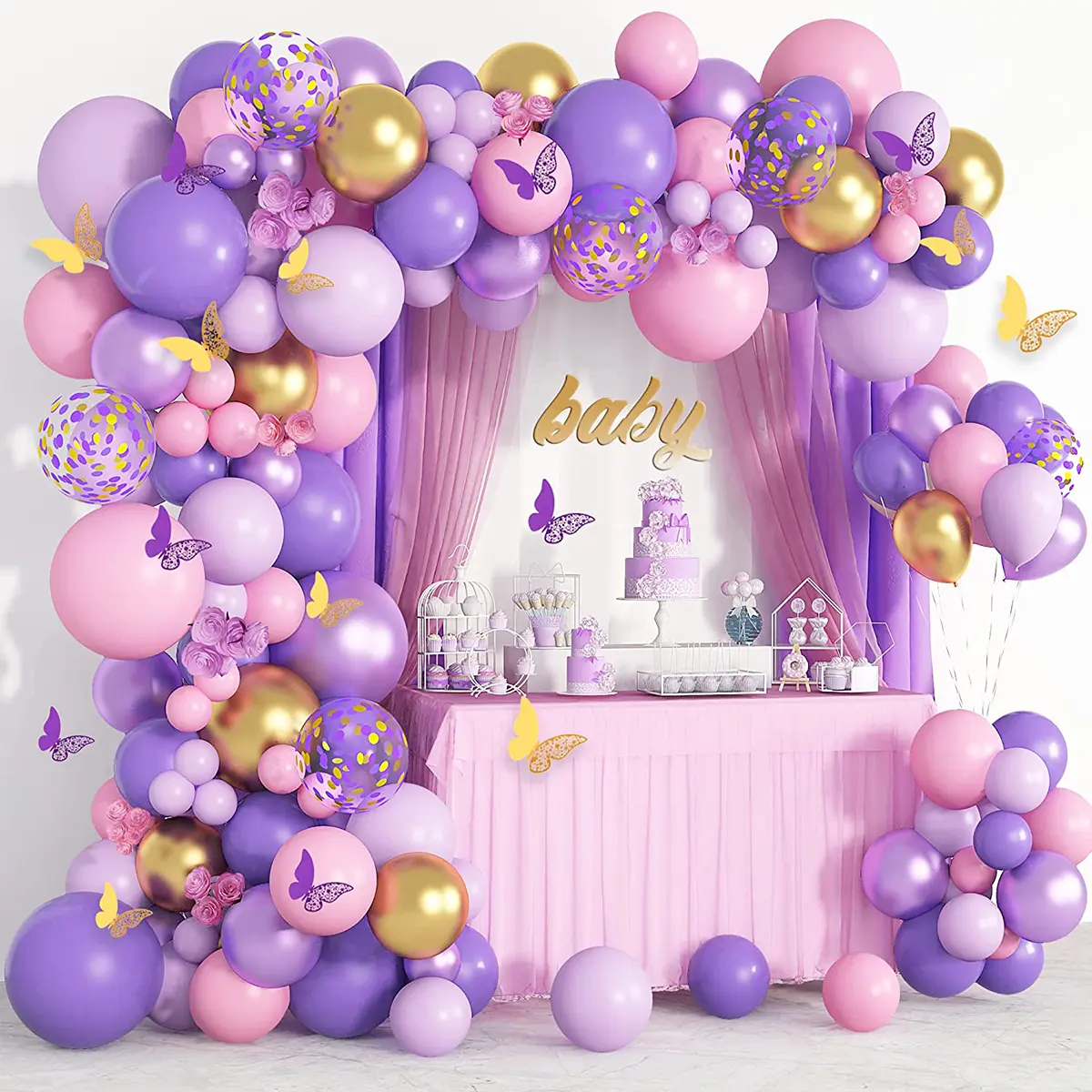 119 Pcs Macaron Pink Purple Balloon Garland Kit with Balloon Strip, Butterfly Confetti Metallic Latex Balloon Arch Set for Baby Shower Girl Birthday Wedding Bridal Shower Party Backdrop Decorations