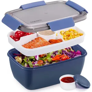 Caperci Large Salad Container Bowl for Lunch - Better Adult Bento Lunch Box 68 oz, 5-Compartment Tray, 2pcs 3-oz Sauce Cups, Stackable, BPA-Free (Navy)