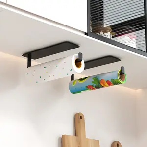 1/2pcs Kitchen Paper Towel Holder with No Drill Adhesive, Magnetic Wall-Mounted Design, Kitchen Storage Solution for Paper Towels and Cling Film