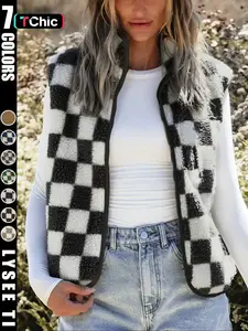 Ins style checkerboard plush vest women's autumn and winter outerwear short style Casual shoulder retro square grid loose vest jacket top Womenswear