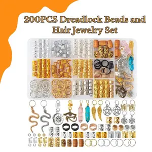 "200PCS Dreadlock Beads and Hair Jewelry Set – Gold & Silver Braiding Cuffs, Crystal Charms, Metal Coil Rings, Hair Clips & Loc Tubes for Braids, Twists, Dreads & Hair Decoration"