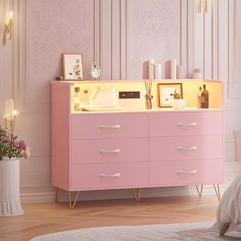 6 Drawers Dresser for Bedroom with Power Outlet & LED Light Wooden Dresser with Open Storage, Wide TV Stand Organizer for Bedroom, Living Room, Entryway, Hallway