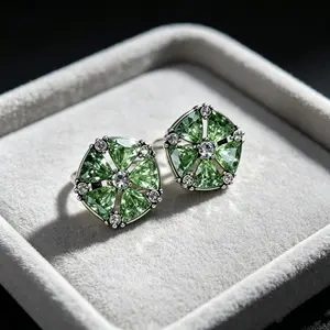 Green Geometric Ear Stud Earrings - Hypoallergenic Stud Insert Earrings, Sensitive Ears Solutions Fashion Jewelry with Gift Box