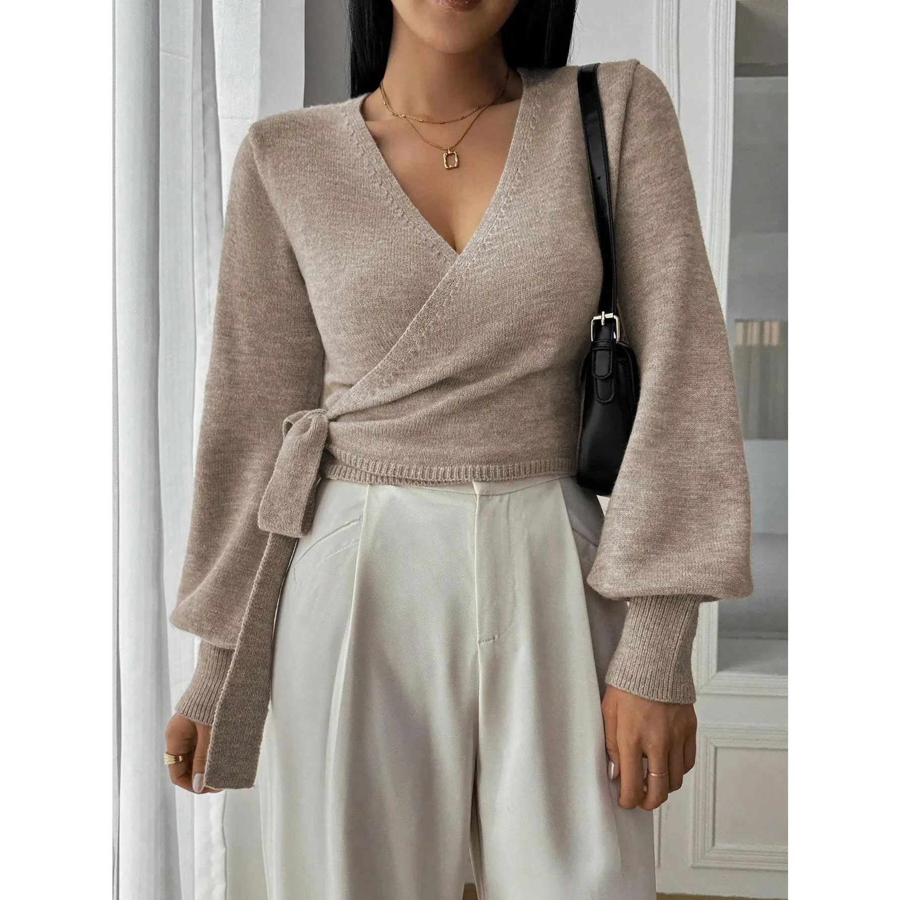 Women's Elegant Wrap Knit Sweater - V-Neck Tie-Waist Pullover with Long Sleeves, Nylon Fabric Style Slim Fit Top for Business Casual, Pairable with Jeans, Knitwear, Adjustable