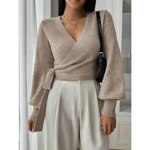 Women’s Elegant Adjustable Wrap Knit Sweater Top - V-Neck, Tie Waist Pullover, Long Sleeve Lantern Sleeves, Slim Fit, Ribbed Hem, Nylon Fabric, Knitwear for Fall Winter Office Day Evening Use; Pairable with Jeans