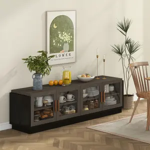 COSTWAY - Large TV Stand for TVs up to 75 Inch with 4 Tempered Glass Doors for Living Room-Gray