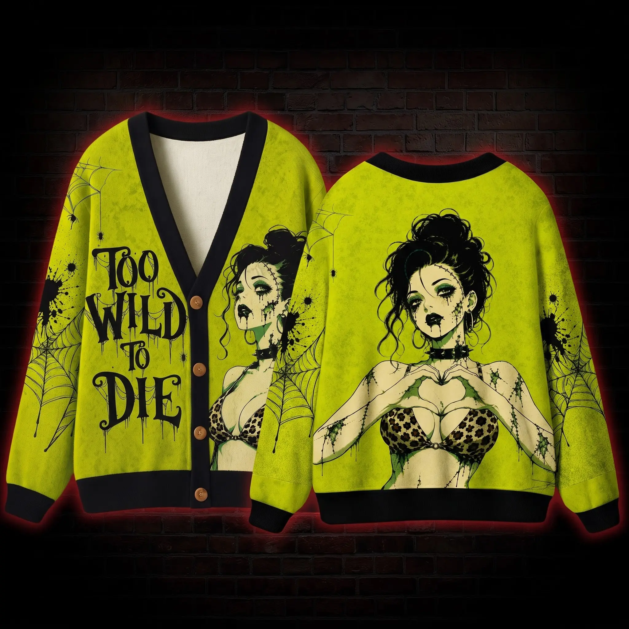 Too Wild To Die Gothic Cardigan, Lime Green Spider Web Graphic Button Up Sweater, Creepy Cute Halloween Streetwear