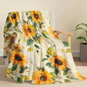 1pc Sunflower Element Blanket, Vintage Watercolor Sunflower Flower Plant Old Newspaper Plants Print Blanket, Soft And Warm Blanket, Great Holiday Gifts For Classmates, Friends, Family And Lovers For Naps-280GSM