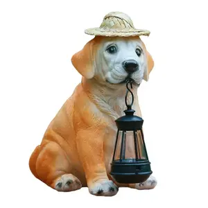 Garden Dog Statue with Lantern — Resin Golden Retriever Puppy Sculpture, Outdoor Garden Decor — Waterproof Outdoor Ornament for Patios, Yards, Lawns, and Porches — Housewarming Gift