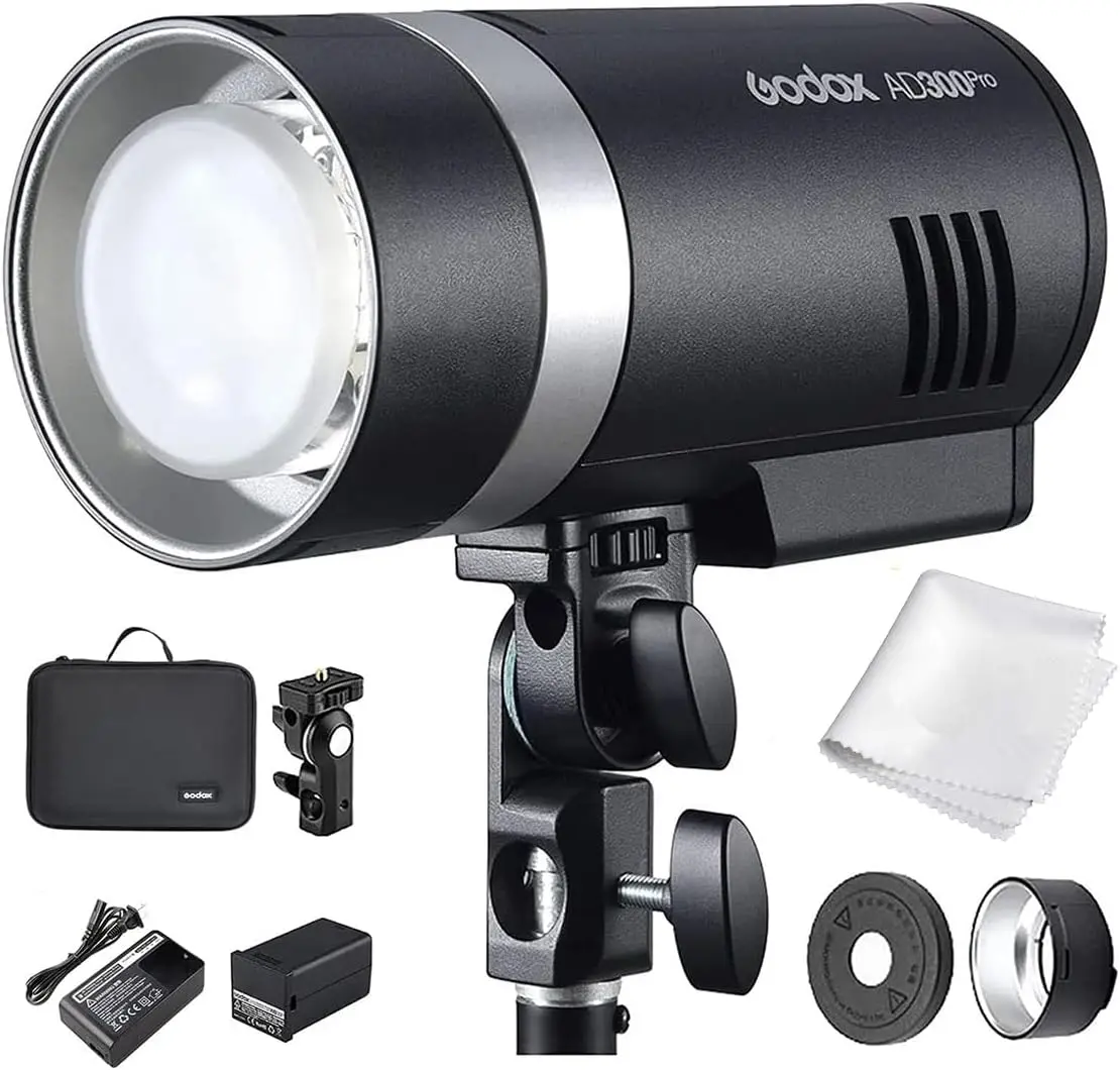 Godox AD300Pro 300W 2.4G TTL Flash Strobe Monolight, 1/8000 HSS, 0.01-1.8S Recycle Time, 300 Full Power Pops, 5600±100K, 12W Brightness Adjustable Bi-Color Modeling Led, W/Handheld Grip
