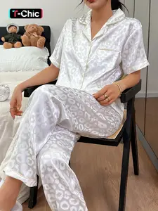 Valentine's Day Leopard Print Pyjama Set Pjs, Pajamas, Soft Fabric Short Sleeve Button-Up Top and Elastic Waist Pants, Casual Women's Homeewear Loungewear Sleepwear, Womenswear