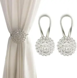 2Pcs Magnetic Crystal Flower Curtain Tiebacks, Decorative Curtain Holdback Buckle Clips with Stretchable String Rope for Bedroom, Living Room, Office (Silver) - Home Improvement.