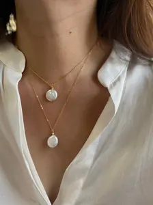 Flat Coin Pearl Pendant Necklace, Fresh Water Pearl with Gold Filled Chain
