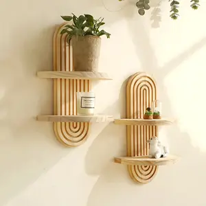 1pc Boho-Chic Wooden Floating Shelf - Rainbow Wall Storage, 2-Tier, Versatile Decorative Organizer for Various Room Types, Ideal for Plants, Candles & Figurines Display, Floating Shelves for Wall Hanging