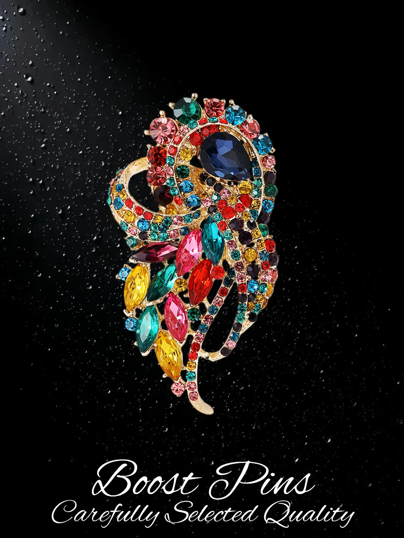 Gold Tone Multicolor Crystal Feather Brooch with Crystals for Women, Full Paved Rainbow Rhinestone with Large Navy Blue Teardrop Center, Alloy Statement Lapel Pin, Fashion Jewelry for Coat Scarf, Birthday Party Gift for Her, Exquisite Brooch
