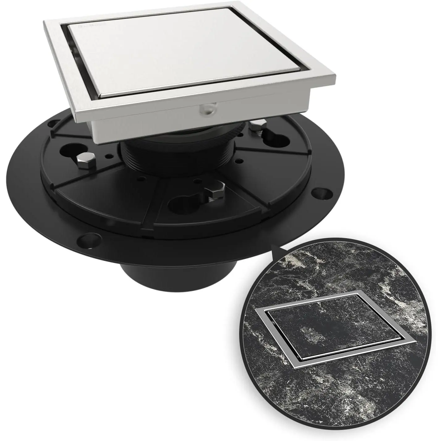 SUS304 Stainless Steel 4-in Square Shower Floor Drain with Flange, 2-in-1 Reversible Tile Insert Grate, Removable Lifting Hook, Fast Draining, Debris Blocker, Brushed Finish, CUPC Certified for 4-1/4 inch Bathrooms, Balconies
