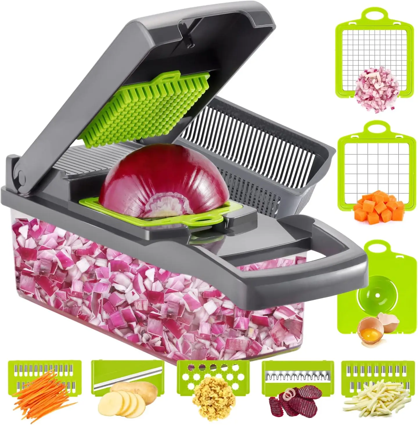 [New Deal] 12-in-1 Vegetable Chopper with 8 Blades & Strainer Basket, Multifunctional Food Cutter for Onion, Potato, Tomato & Veggies Multicolor Kitc