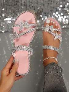 Women's Rhinestone Bow Sandals, Summer Fall Fashion Shoes, Party Dating Streetwear, French Style Slip-Ons